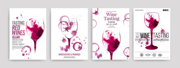 Wall Mural - Collection of templates with wine designs. Brochures, posters, invitation cards, promotion banners, menus. Wine stains, drops. illustrations of wine glasses.