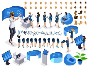 Poster - isometric set business lady with gadgets, create your character, a set of emotions, gestures of hand