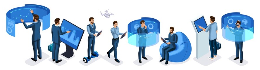 Poster - isometric set business men with gadgets, create your character, a set of emotions, gestures of hands
