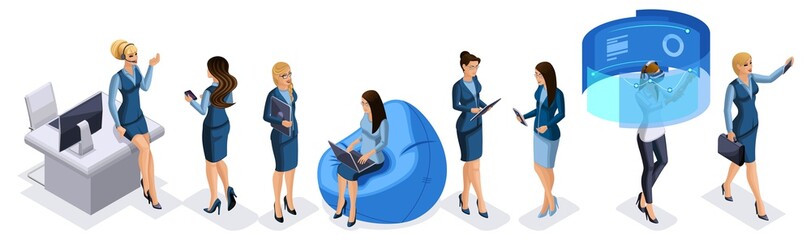 Poster - isometric set business lady with gadgets, create your character, a set of emotions, gestures of hand
