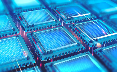 Futuristic CPU. Quantum processor in the global computer network. 3d illustration of digital cyber space