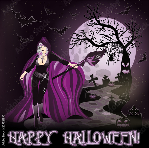Foto Happy Halloween wallpaper with young sexy witch, vector illustration