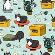 Cute cat hiding in various objects. Hand drawn colored vector seamless pattern. Green background