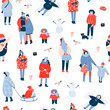 Winter activities. Various people. Hand drawn colored vector seamless pattern