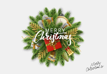 Wall Mural - Christmas design vector background. A bundle of pine branches into a round sphere and the holiday Xmas decoration object, gift boxes, antique clocks, golden bell