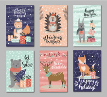 Set Of Christmas Greeting Cards With Hand Written Lettering And Design Elements