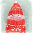 Cute piggy in sweater and hat. Colored greeting card