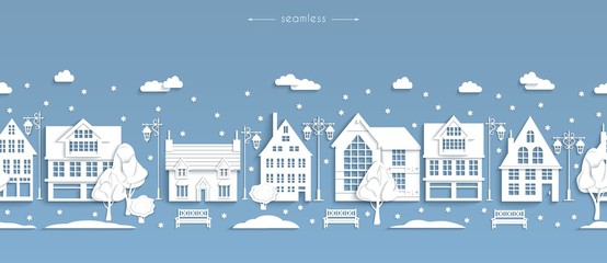 Seamless winter street, white paper buildings, Scandinavian style, vector