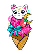 Sparkling kawaii ice cream with cat face. Hand drawn colored vector illustration