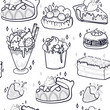 Various tasty desserts. Hand drawn black and white vector seamless pattern