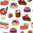 Various tasty desserts. Hand drawn colored vector seamless pattern