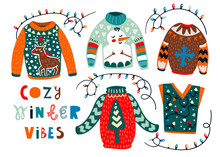 Cozy Winter Sweaters. Hand Drawn Colored Vector Set. All Elements Are Isolated