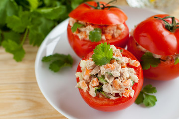 Wall Mural - Fresh tomatoes stuffed with canned tuna