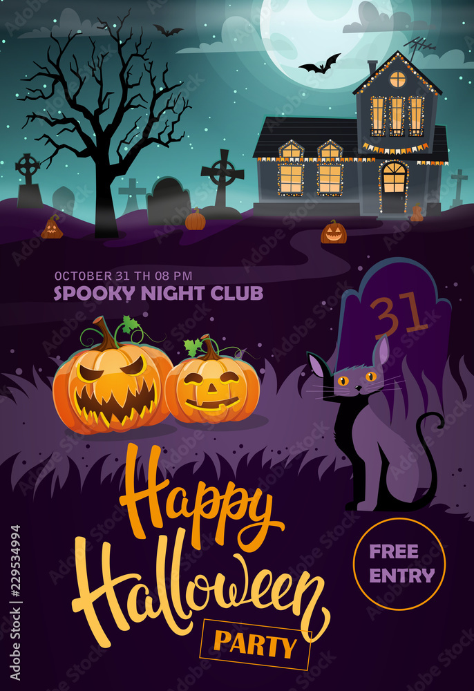 Halloween party flyer with black cat and jack o lanterns Stock Vector ...