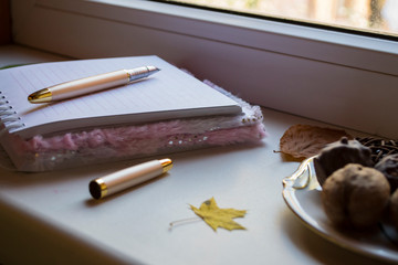 Wall Mural - Opened notebook and pen on white table, close up.