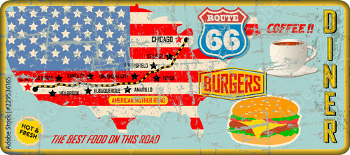 grungy route 66 diner tin sign w Wallpaper Mural