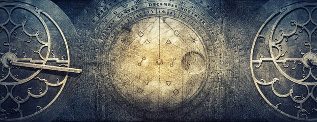 ancient astronomical instruments on vintage paper background. abstract old conceptual background on 