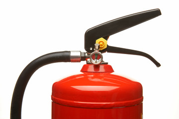 RED FIRE EXTINGUISHER SHOWING PRESSURE GAUGE IN CLOSE UP