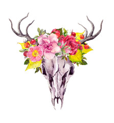 Wall Mural - Deer animal skull with autumn leaves, flowers. Watercolor in vintage boho style