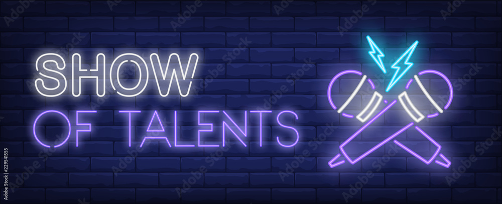 Show of talents neon text with crossed microphones. Show invitation advertisement design. Night bright neon sign, colorful billboard, light banner. Vector illustration in neon style. - obrazy, fototapety, plakaty 