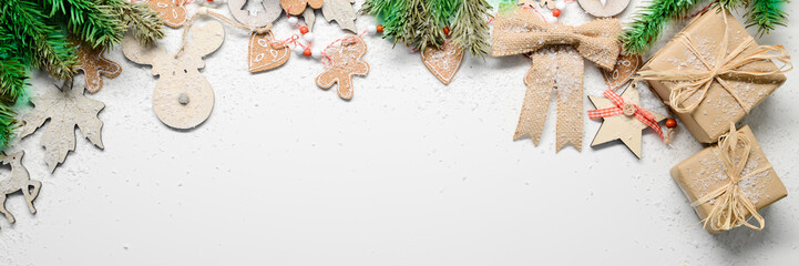Wall Mural - christmas wooden and natural decoration ornament wide horizontal banner with copyspace