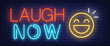 © RedlineVector - Laugh now neon sign. Happy emoji on brick background. Happiness, joke, humor. Night bright advertisement. Vector illustration in neon style for emotion, entertainment, attitude