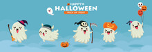 Vintage Halloween Poster Design With Vector Witch, Ghost, Demon, Jack O Lantern, Reaper, Monster Character.  