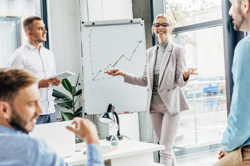 Wall Mural - smiling young businesswoman standing near whiteboard and looking at male colleagues in office