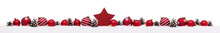 Row Of Red Christmas Balls With Xmas Present Gift Boxes Isolated On Snow