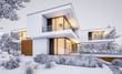 © korisbo - 3d rendering of modern cozy house by the river with garage. Cool winter evening with cozy warm light from windows. For sale or rent with beautiful mountains on background