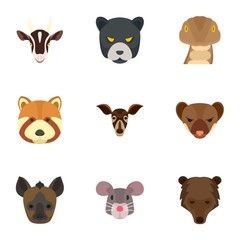 Wall Mural - wild animal head icon set. flat set of 9 wild animal head vector icons for web design