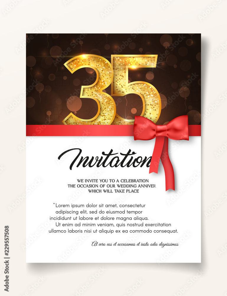 Wedding Invitation card template to the day of the thirty-five anniversary with abstract text vector illustration. Invite to 35 th years eve jubilee - obrazy, fototapety, plakaty 