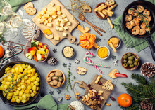 Christmas Dinner Party Table, Holiday Vegeterian Food Concept Background, Top View, Flat Lay