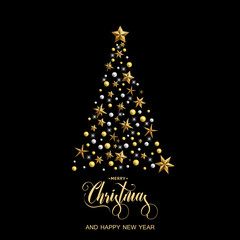 happy new year and merry christmas. christmas tree with gold stars on the black background. vector i