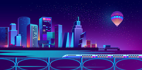 Vector concept background with night city illuminated with neon glowing lights. Futuristic cityscape in blue and violet colors, panorama with modern buildings, skyscrapers on waterfront, urban skyline