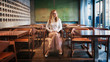 © VlaDee - Good looking curly woman sitting in empty cafe . Indoor portrait of excited girl chilling on cozy chair. Panoramic photo