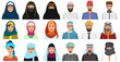 Islam cartoon people icons. Arabic muslim avatars muslim face heads of male and female.