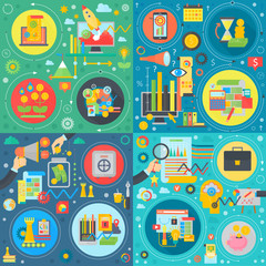 Poster - Business, technology trendy flat concepts set. Teamwork, finance analysis, successful fresh idea and product development.