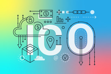 Poster - ICO word trendy composition concept banner. Outline trendy gradient background of initial coin offering, crypto investments, blockchain technology. Flat line icons lettering typography.