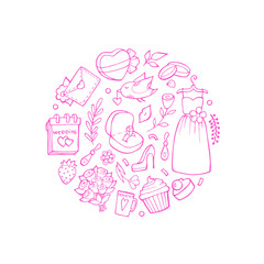 Wall Mural - vector doodle wedding elements in circle shape illustration isolated on white background
