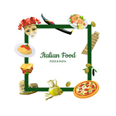 Canvas Print - Vector cartoon italian cuisine elements flying around frame with place for text illustration isolated on white background