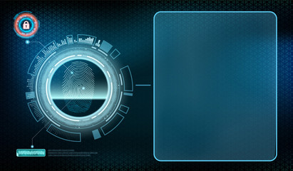 Futuristic device with transparent screen and user interface. Fingerprint scanning. Technology communication background.