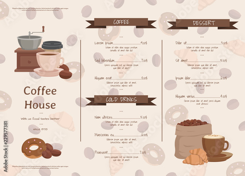 Vector Cartoon Coffee House Menu Template Illustration Hot