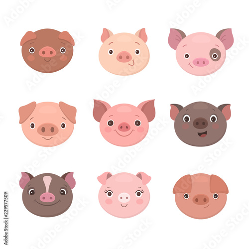Cute Piggies Collection Vector Illustration Of Funny Cartoon Pigs Faces Isolated On White Buy This Stock Vector And Explore Similar Vectors At Adobe Stock Adobe Stock
