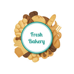 Wall Mural - Vector cartoon bakery elements under circle with place for text illustration