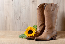 A Pair Of Woman's Brown Cowboy Boots With A Bright Yellow Sunflower On Acanvass With Wooden Background