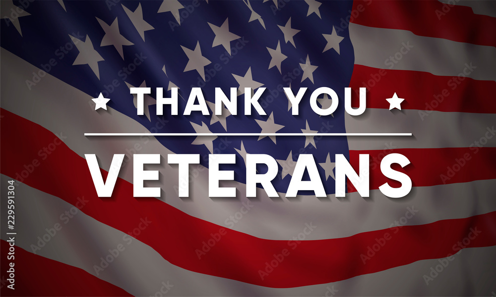 Vector banner design template for Veterans Day with realistic american flag and text: Thank you Veterans. - obrazy, fototapety, plakaty 