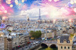 skyline of Paris city with blue sky and fireworks, France