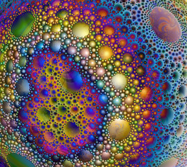 Poster - Abstract spherical surface covered with multicolored drops, bubbles and foam. Bright colors and highlights. Digital artwork. Fractal graphics.