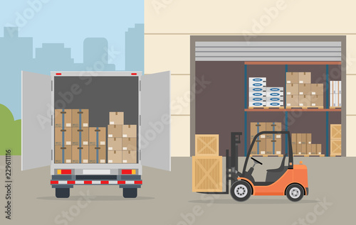 Fotomural Warehouse building, truck and Forklift truck on city background
